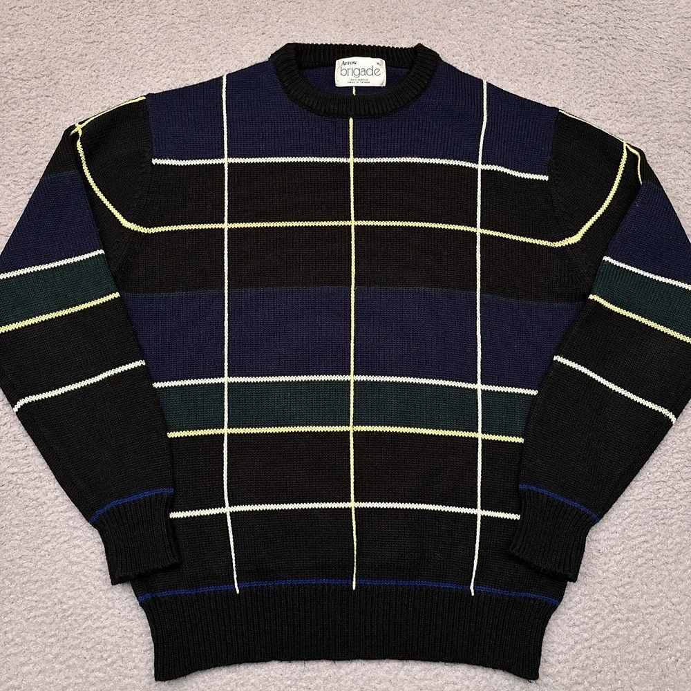 Vintage Arrow‎ Brigade Sweater Men's XL Windowpane Plaid Pullover 80s Grandpa